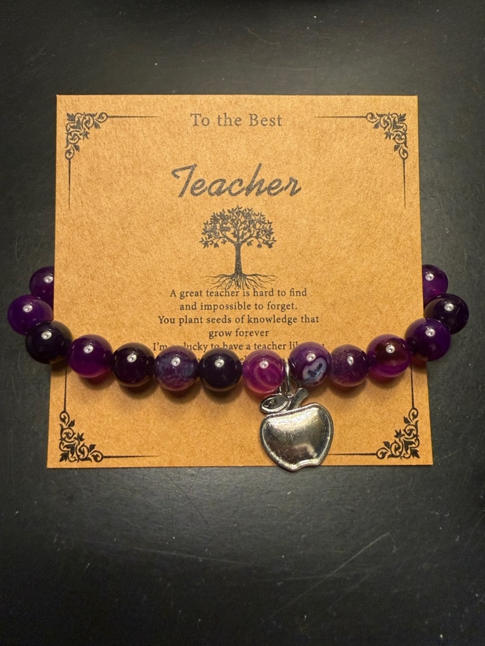 Teacher Appreciation Purple Beaded Bracelet with Apple Charm
